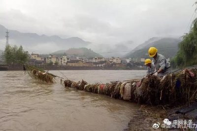 國網(wǎng)慶元縣供電公司：清理10千伏線路拉線上被洪水帶來的垃圾